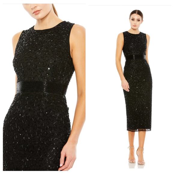 NWT MAC DUGGAL Black Beaded Geometric Embellished Sleeveless A-Line Midi Dress - Picture 1 of 13